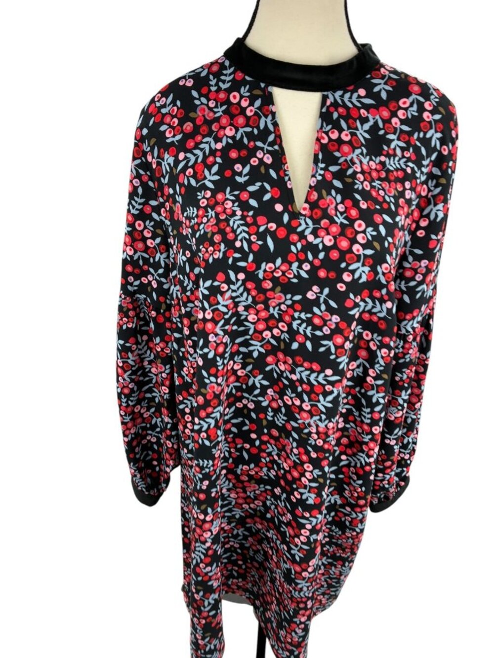 LOFT Womens Black Red Floral Berry Print Keyhole Mock Neck Dress Size L